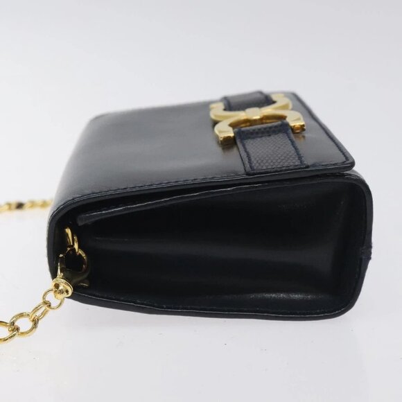 Salvatore Ferragamo Gancini Chain Shoulder Bag Leather Navy Gold - Picture 4 of 16